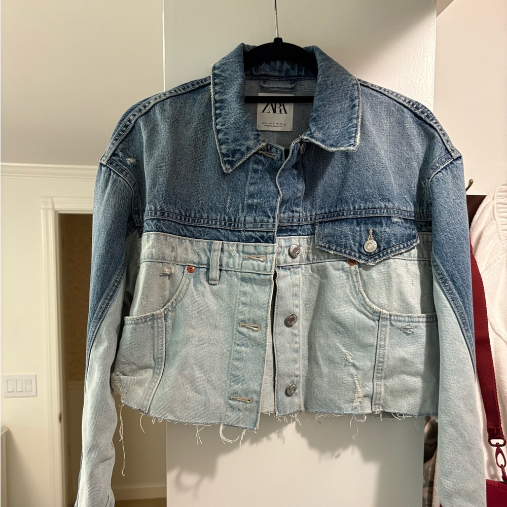Zara Blue and Light Blue Denim Cropped Jacket
